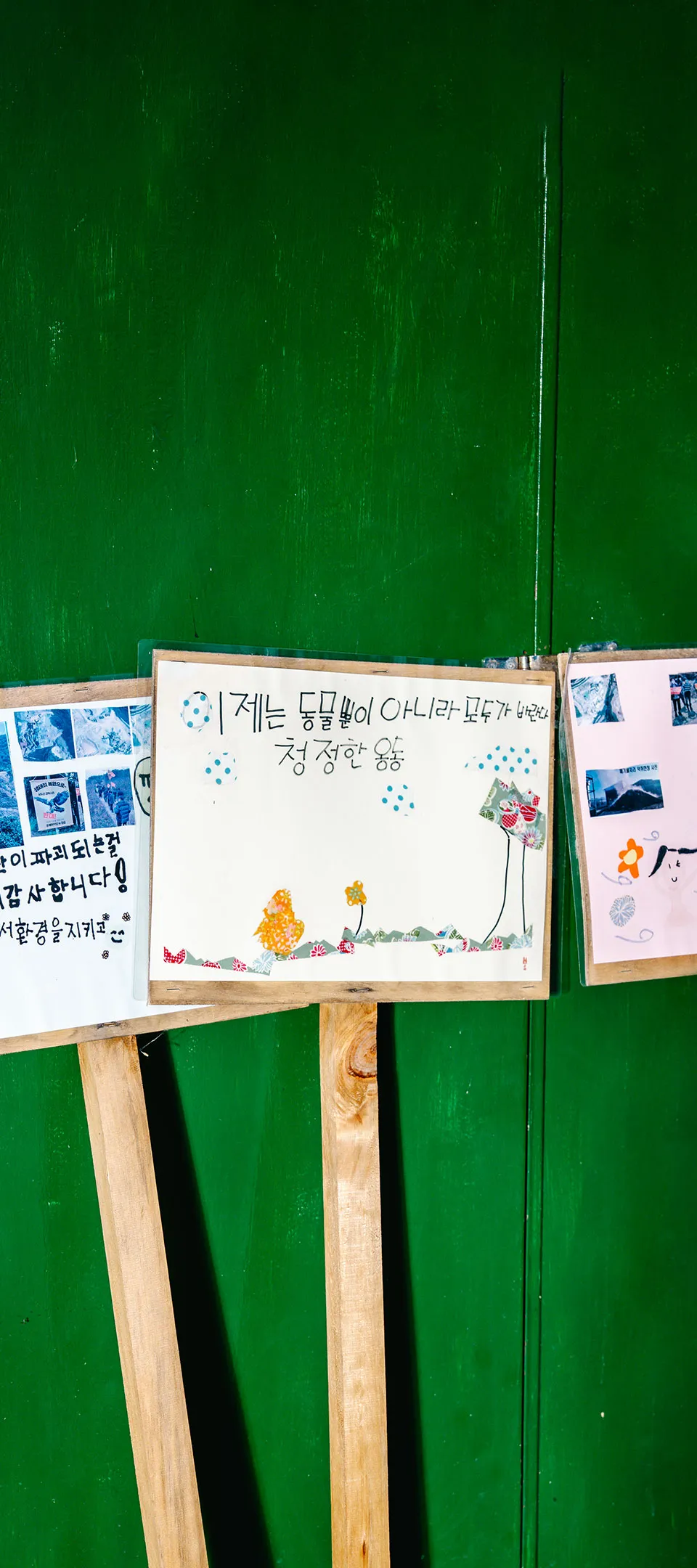 옹동초등학교 학생들이 무분별한 개발을 반대하고 환경을 보호하자는 뜻을 담아 직접 만든 피켓 사진. 이제는 동물뿐이 아니라 모두가 바란다 청정한 옹동 이라는 문구와 함께 색종이로 묘사한 맑은 하늘과 평화로운 마을의 모습이 담겨 있다.